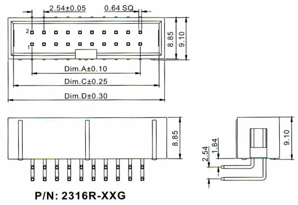 2316R-XXG-XX (BH-XXR) ,         ,  2,54  x 2,54,      IDC