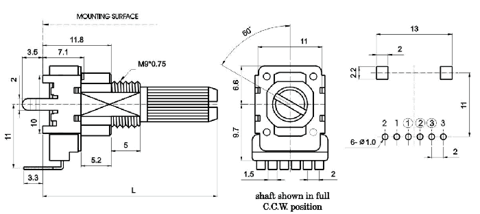 R1113G-_D1-, Потенциометры роторного типа 11 мм, Резисторы переменные (потенциометры) роторного типа 11 мм