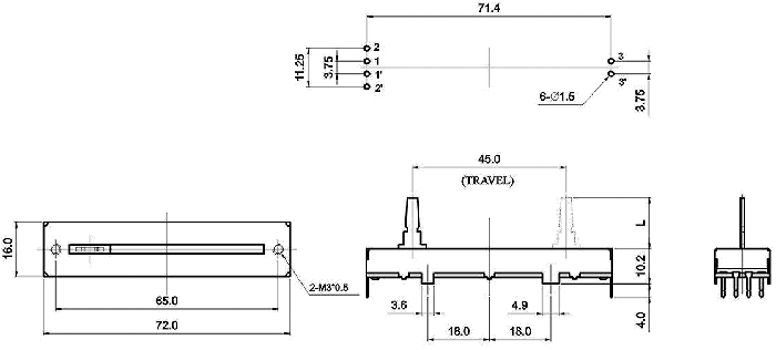 S4581G-xy1-, Потенциометры движкового типа 16 мм