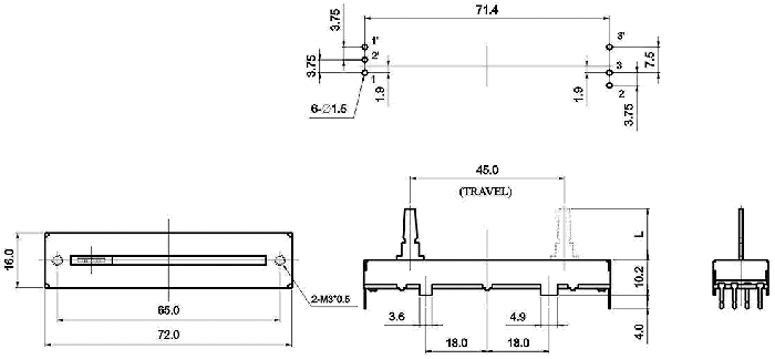 S4582G-xy1-, Потенциометры движкового типа 16 мм