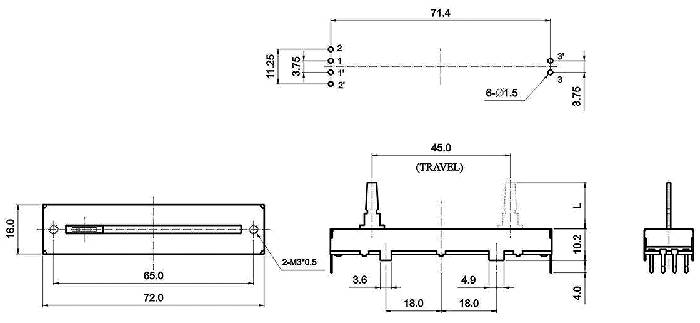 S4583G-xy1-, Потенциометры движкового типа 16 мм