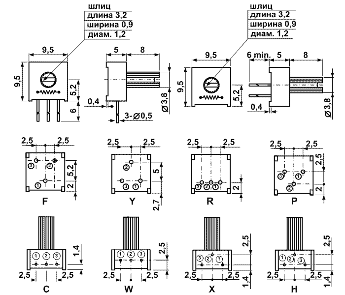 Серия WIW3386 9 мм, Резисторы переменные/подстроечные